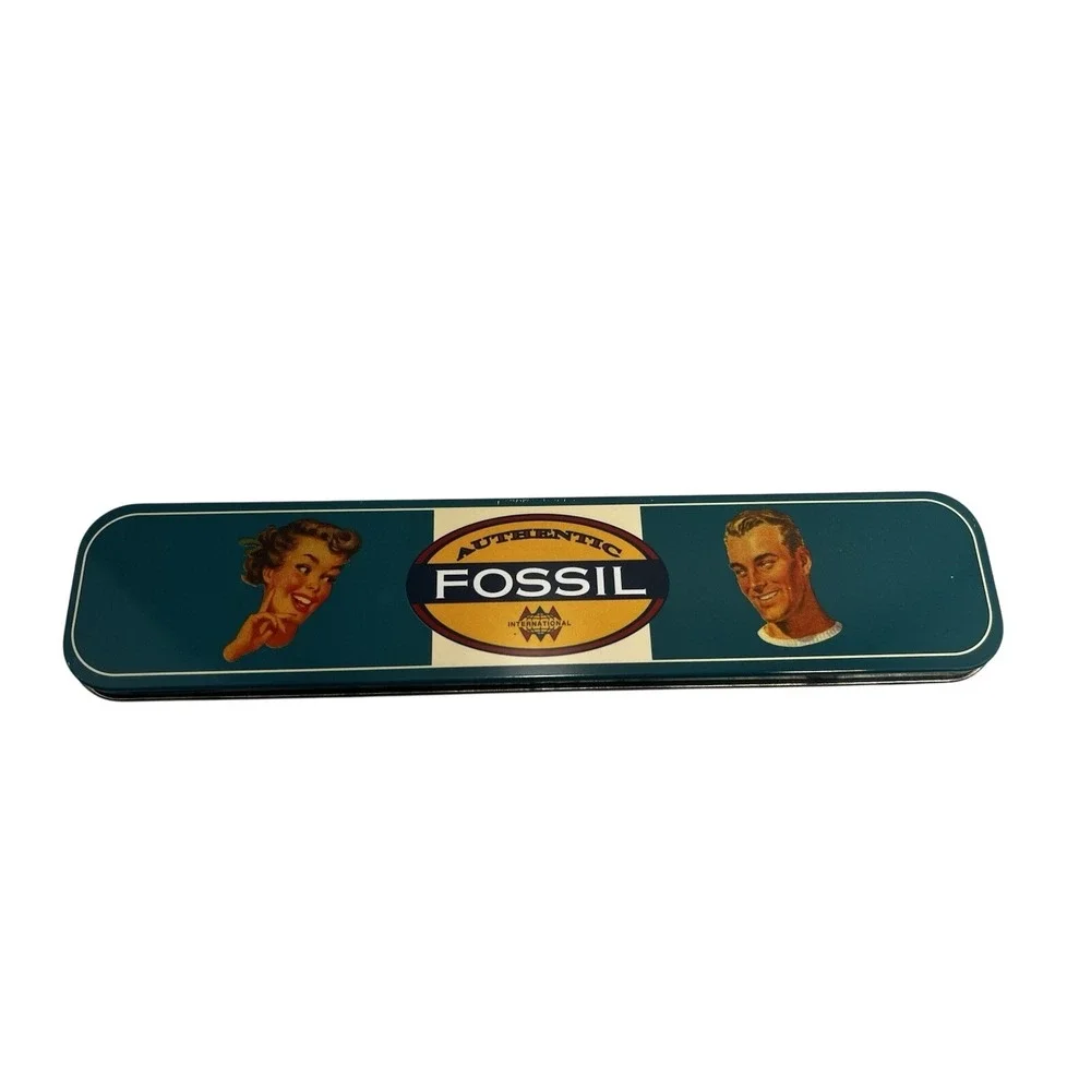 Vintage Authentic Fossil Watch Tin Box Metallic Collectible Retro Teal Blue 1992